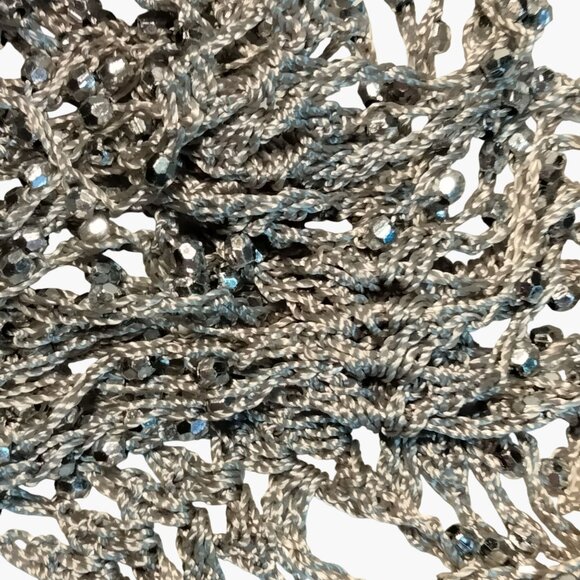 Silver Beaded Crochet Scarf Tie Fringe Rhinestones 82 Inch Long Elegant Runway - Picture 5 of 7